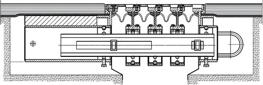 Längsschnitt im Traversenbereich einer modularen Fahrbahnübergangskonstruktion