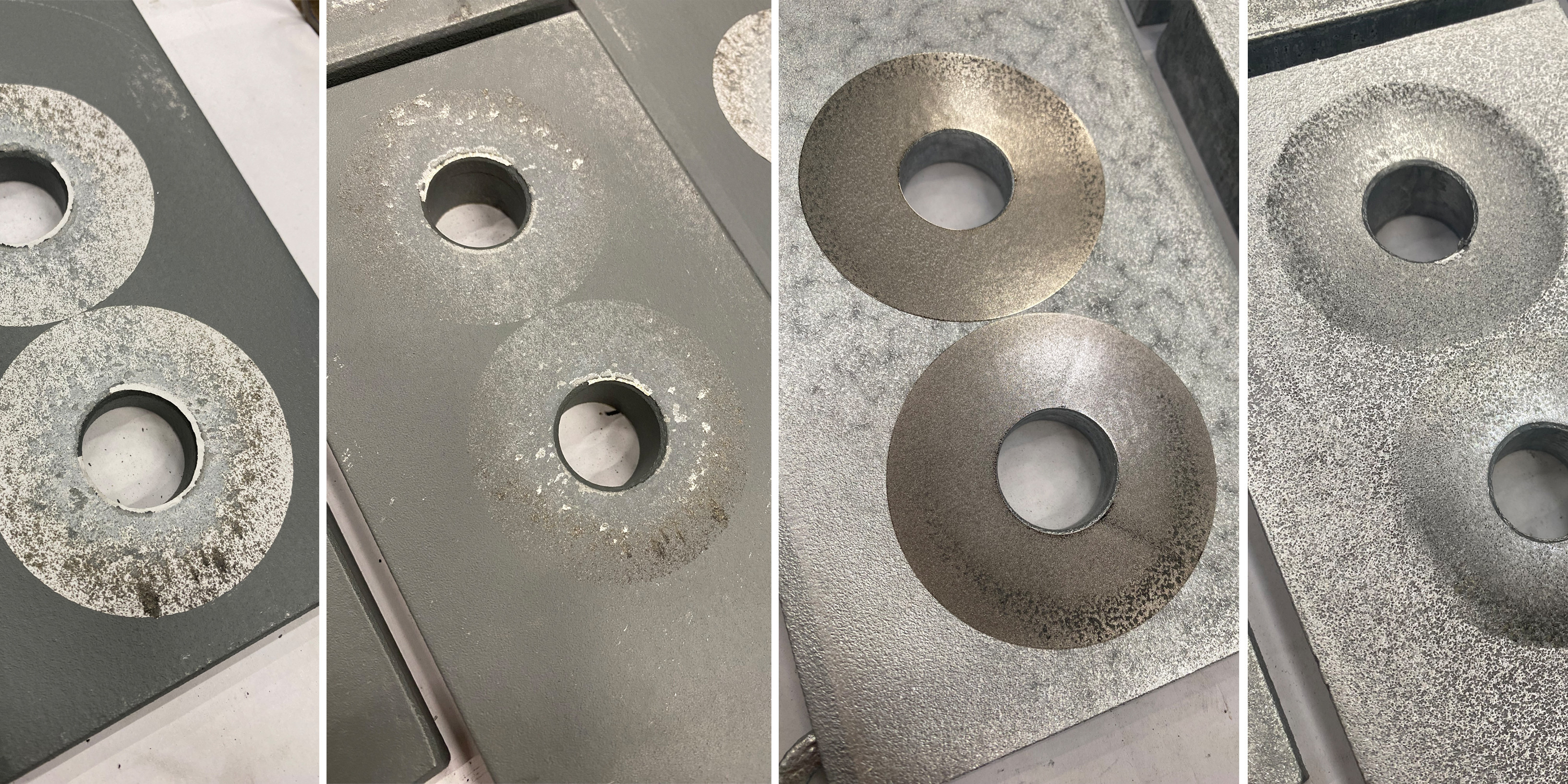 Bleche mit Schraubenlöchern auf dem die Lage der Friction Shims zu erkennen ist