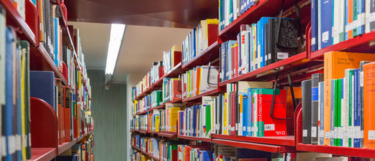 Rote Bücherregale in der Universitätsbilbliothek.